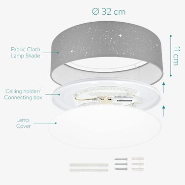 Navaris LED стельова лампа 22W, димована, зіркове небо, зміна колірної температури, з пультом, для вітальні, спальні, дитячої, діаметр 32 см, світло-сіра