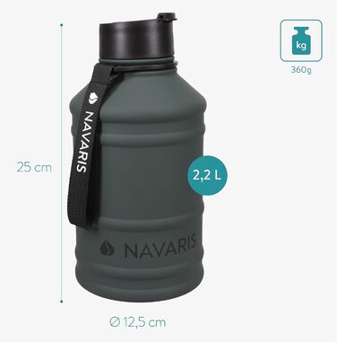 Navaris Фітнес-пляшка 2,2 л із нержавіючої сталі для спорту, велика спортивна пляшка для води, BPA вільна