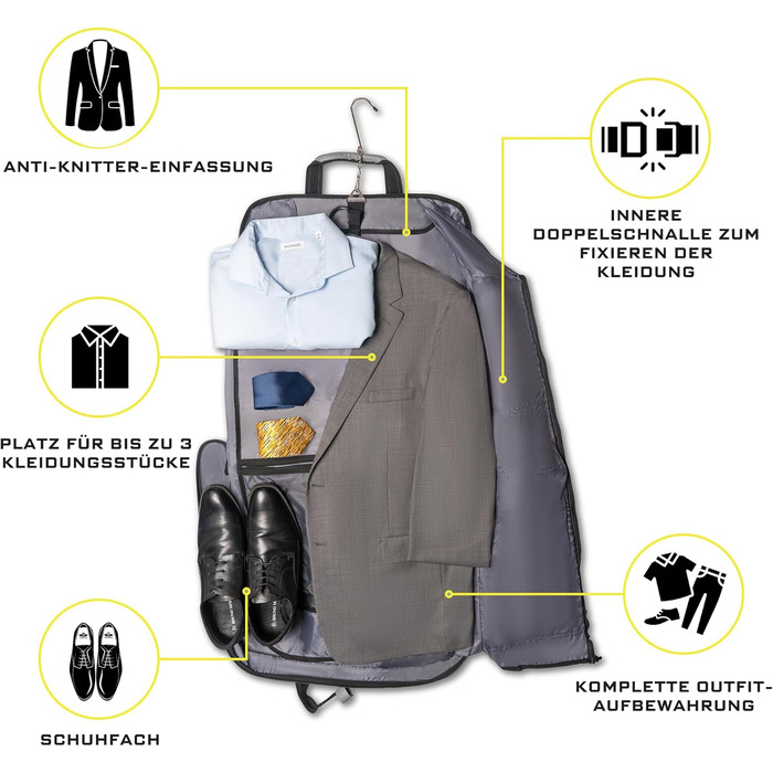 Дорожній чохол для костюмів Kleidersack Luxe Grijs на 3 костюми, з плечовим ременем та кишенями, ручна поклажа для подорожей і відряджень