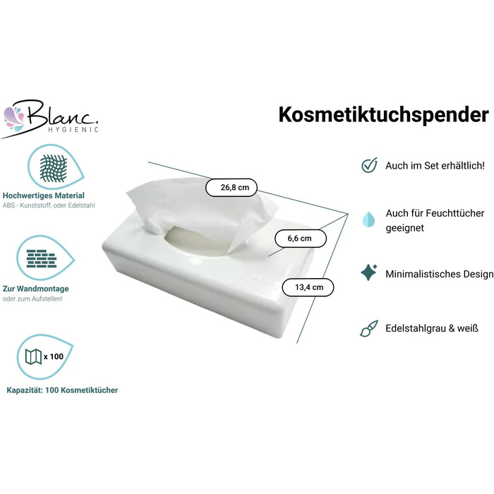 Диспенсер для косметичних та вологих серветок Blanc HYGIENIC Futura, настінний, пластиковий, 100 аркушів, білий