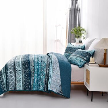 Покривало WONGS BEDDING 220x240 см, стьобане, комплект 3-в-1, мікрофібра, бохо стиль, темно-синє, з 2 наволочками 50x70 см, для двоспального ліжка або дивану