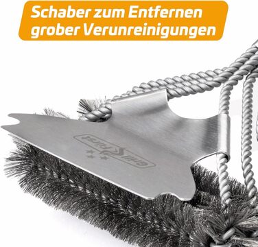 Grillfürst Преміум щітка для гриля з латунними щетинами, 45 см – щітка для очищення решітки гриля з широкою тристоронньою насадкою і скребком (нержавіюча сталь)