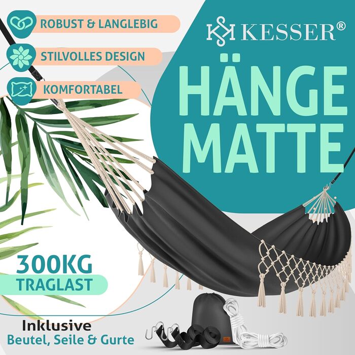 Гамак KESSER 320x150 см, до 300 кг, водостійкий і дихаючий, з китицями, для 1-2 осіб, для кемпінгу, саду й вулиці, з чохлом, мотузками й ременями, антрацитовий