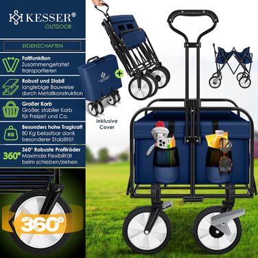 Складаний візок KESSER для транспортування, вантажопідйомність 150 кг, 360° ПВХ-колеса, 2 сітчасті кишені, бічна кишеня, чохол, без даху, синій, для саду та господарства