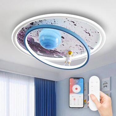 Дитяча стельова LED лампа RRBEST Місяць-Астронавт, димована, з пультом, для хлопчиків і дівчаток, синя, 50×16 см, сучасний дизайн, декоративне освітлення дитячої кімнати