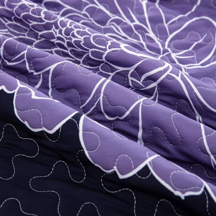 Покривало WONGS BEDDING 220x240 см, лілове, квітковий принт, мікрофібра, літнє стьобане покривало для двоспального ліжка + 2 наволочки 50x75 см
