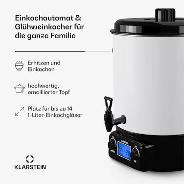 Klarstein Biggie Small електричний автомат для консервації, варіння, глінтвейну, 27 л, 2000 Вт, регульована температура, таймер, білий