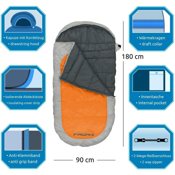 Дитячий спальний мішок Fridani XXL 180x90 см, теплий, водостійкий, до -12°C, помаранчевий, праний