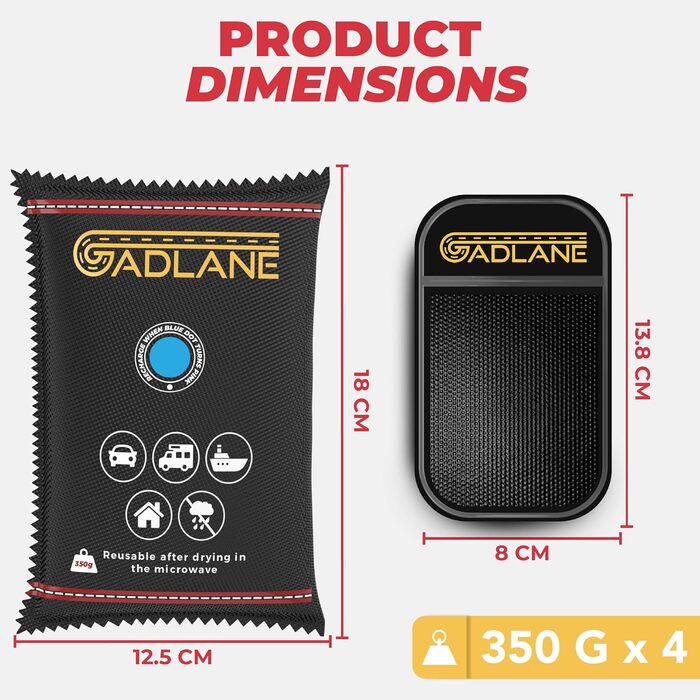 Набір вологопоглиначів GADLANE 350 г, 4 шт., багаторазові, для авто, дому, шафи, з антиковзким килимком, проти запотівання скла
