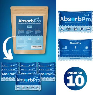 Absorb Pro Перезаряджаємий мішечок-осушувач повітря, 10 шт, 100 г, багаторазові абсорбери вологи з силікагелем для сміттєвих баків, сумок, сейфів для зброї, зберігання продуктів