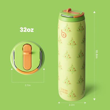 Термос пляшка для води bottlebottle, 946 мл, з трубочкою та ручкою, нержавіюча сталь, ізольована, спортивна, герметична, BPA-free, малюнок Дерево