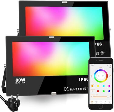 iLC RGB LED прожектор 80 Вт, 16 млн кольорів, таймер, тепле біле світло 2700K, IP66, для вулиці та приміщень, 2 шт.