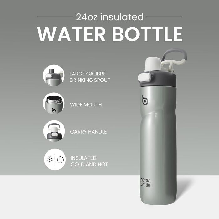 Термос пляшка BOTTLE BOTTLE 680 мл із ручкою та кришкою, спортивна велосипедна фляга, герметична, для подорожей і спорту, зелена (сіра)