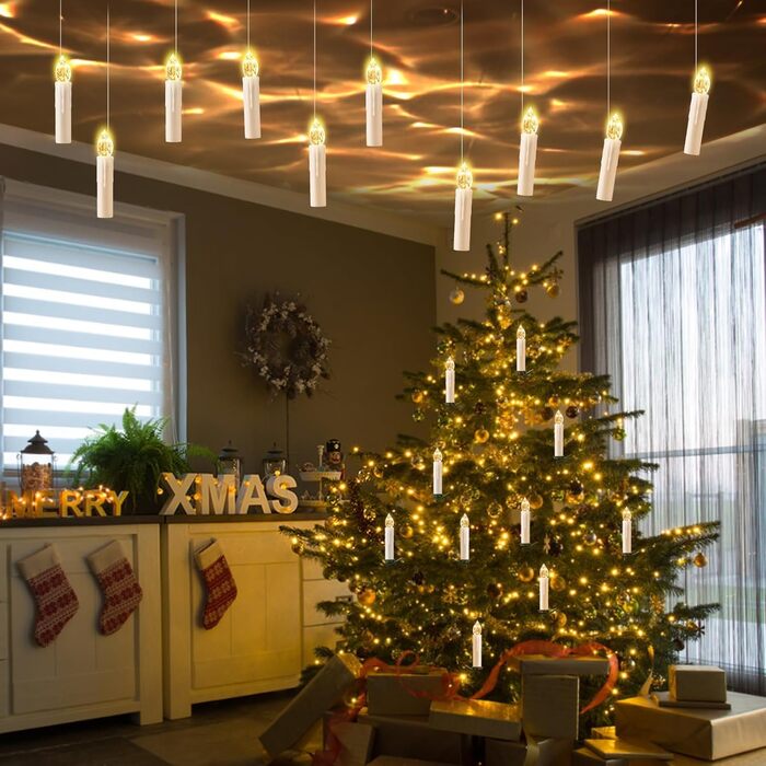 Cimetech Набір з 20 бездротових LED свічок для ялинки, тепле біле світло, з пультом і таймером, підвісні, для новорічного декору, 1.5 x 8 см