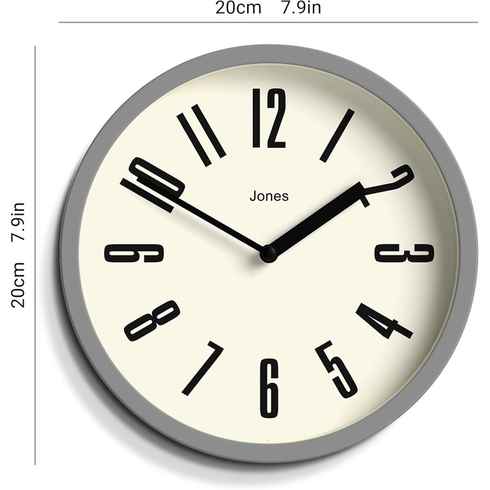 Настінний годинник JONES CLOCKS® для ванної та кухні, ретро, круглий, 20 см, сірий, великі цифри, для офісу, дитячої, маленьких приміщень