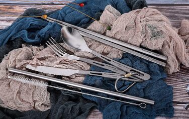 iBasingo Набір туристичного посуду з титану: ложка, вилка, ніж, палички, ультралегкий портативний комплект для кемпінгу, пікніка, подорожей, походів, артикул Ti1073T