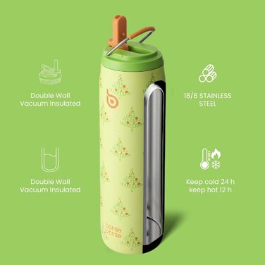Термос пляшка для води bottlebottle, 946 мл, з трубочкою та ручкою, нержавіюча сталь, ізольована, спортивна, герметична, BPA-free, малюнок Дерево