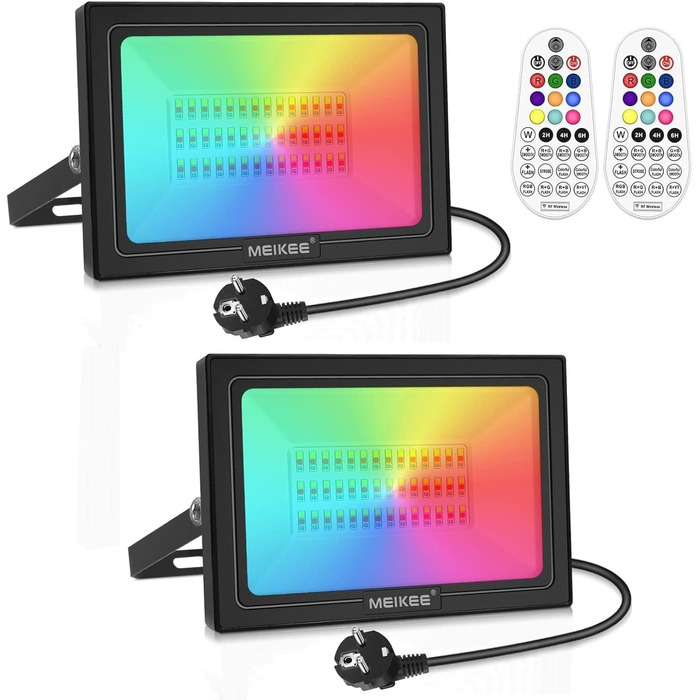 MEIKEE LED прожектор 60W RGB з пультом, 30 режимів, 10 кольорів, таймер, IP66, 6 рівнів яскравості, водонепроникний, для декору, вечірок, Нового року, Хелловіну, 2 шт.