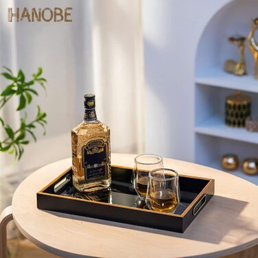 Декоративний піднос Hanobe чорний із золотом, арт-деко, для кавового столика, сервірування, бару та осману, з ручками, легко миється