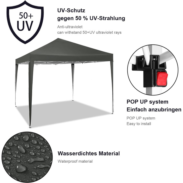 Павільйон WOLTU Pop-Up 3x3 м, водонепроникний, складаний, сонцезахист, для саду, тераси, кемпінгу, фестивалів, оксфордська тканина, металевий каркас, сірий