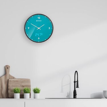 Стінастий годинник Bresser MyTime з радіокеруванням, LED-секундною індикацією, безшумним механізмом, великим циферблатом 24 см, індикацією температури, небесно-блакитний