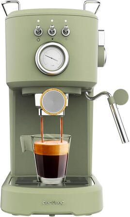 Кавоварка Cecotec Power Espresso 20 Pecan, 1100 Вт, 20 бар, термоблок, манометр, 1,25 л, зелена, з паровою насадкою та подвійним фільтром