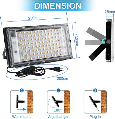 LED прожектор 100Вт з вилкою, 2 шт, 10000 лм, тепле біле світло 3000K, IP65, водонепроникний, для вулиці, саду, гаража, спортмайданчика