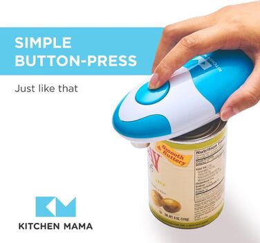 Автоматична електрична відкривачка для консервів Kitchen Mama, безпечна, з гладким краєм, харчова нержавійка, блакитна