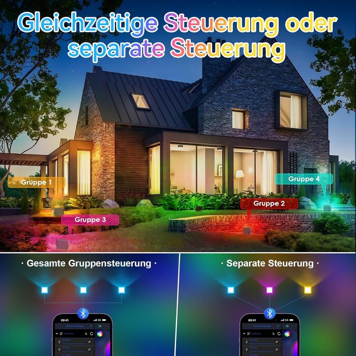 Комплект з 2 RGB LED прожекторів 30W для вулиці, 16 млн кольорів, Bluetooth APP та 2.4G пульт, IP66, диммований, для саду, Хелловіну, Різдва, вечірок (загальна потужність 150W)