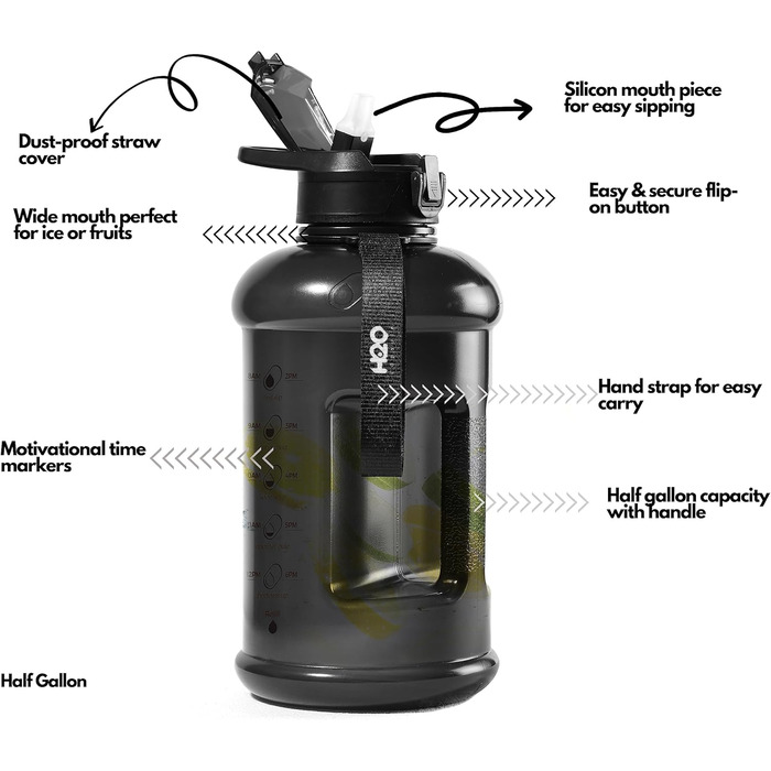 Мотиваційна пляшка для води H2O Capsule 2,5 л з маркуванням часу, трубочкою, ручкою та ремінцем, харчовий пластик, чорна