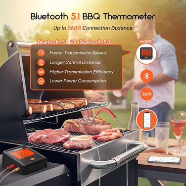 Цифровий термометр для гриля Inkbird IDT-34C з Bluetooth, бездротовий термометр для м'яса та духовки, сигнал тривоги температури, 45 м радіус дії, для гриля, випікання, BBQ