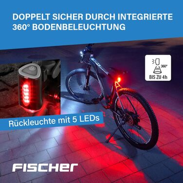 Велосипедний набір освітлення FISCHER: передня і задня LED фара з акумулятором, USB-зарядкою, захистом від бризок IP44, сертифікований StVZO