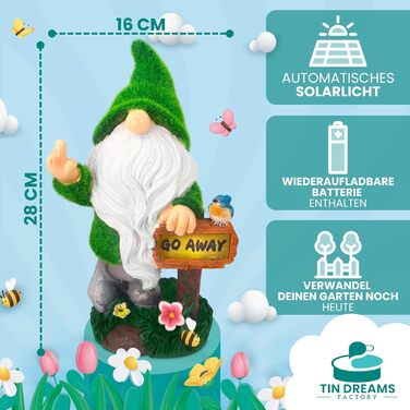 TIN DREAMS FACTORY | Кумедний садовий гном із жестом середнього пальця та сонячною підсвіткою – декоративна фігурка з міцної смоли для саду, тераси, балкона – весела вулична декорація, стійка до погодних умов