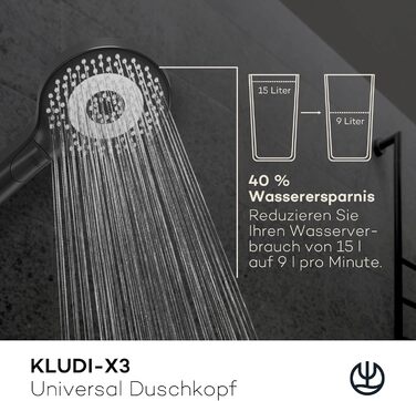 Універсальний душ KLUDI-X3 з шлангом, 3 режими, водозберігаючий, Ø 11,7 см, 1,6 м, чорний матовий, легке очищення