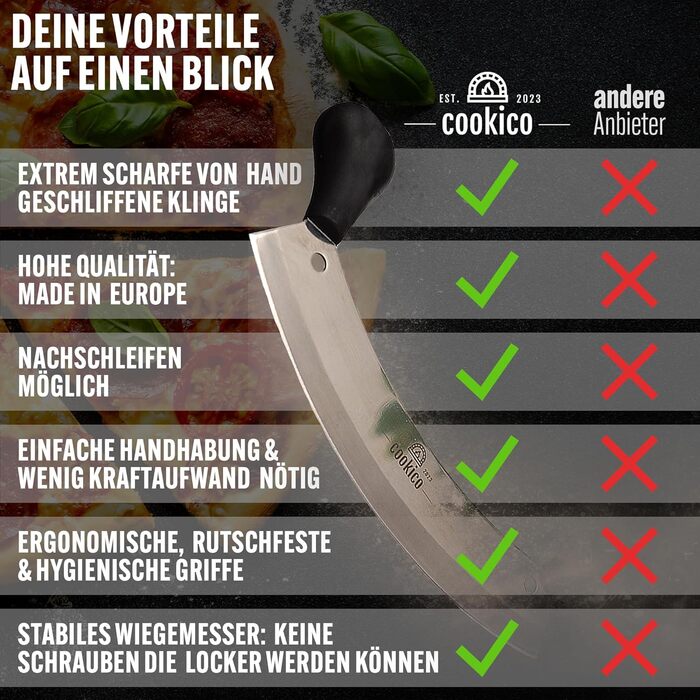 Професійний ніж для піци Cookico 30 см з ергономічними ручками та захистом леза – кухонний роликовий ніж з гострим лезом з нержавіючої сталі для піци, зелені та інших продуктів