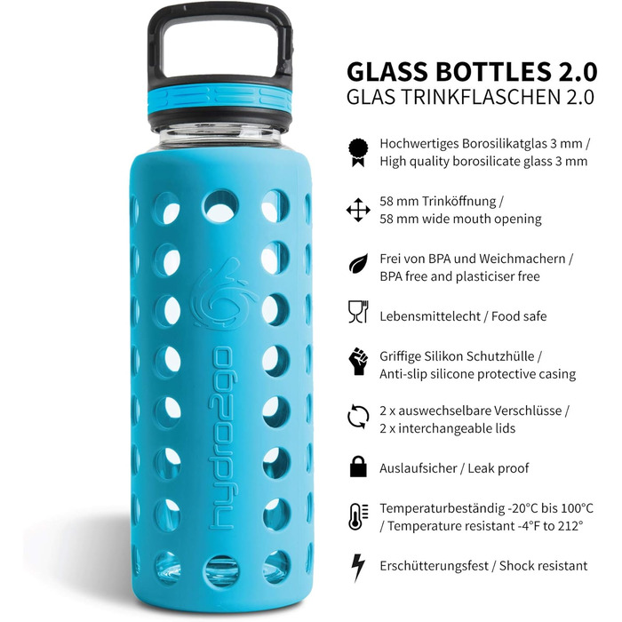 Скляна пляшка для води з силіконовим чохлом, 950 мл, герметична, BPA-free, для спорту, йоги, офісу, з 2 змінними кришками, Coral Blue