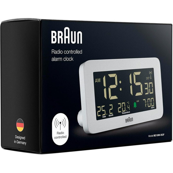 Цифровий радіокерований годинник-будильник Braun BC10W-DCF для Центральної Європи (DCF), з відображенням дати, місяця та температури, негативним LCD-дисплеєм і білим сигналом будильника