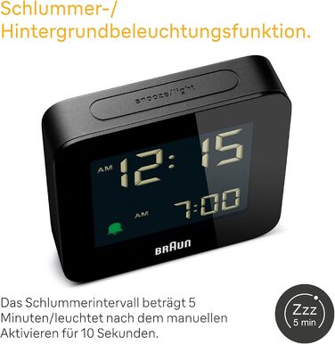 Цифровий будильник Braun BC09B з функцією сну, негативним LCD-дисплеєм, швидким налаштуванням і наростаючим сигналом, чорний