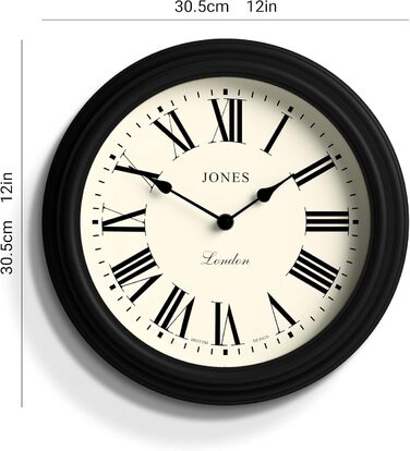Настінний годинник Jones Clocks 30 см, класичний круглий, зелений, римські цифри, традиційний дизайн для кухні, вітальні чи спальні