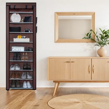 Тканинна шафа INTIRILIFE 170x58x28 см з блискавкою, 9 полиць, кокосово-коричнева, для одягу і взуття, розкладна, для кемпінгу