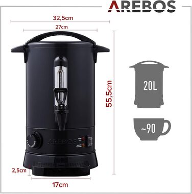 Електричний нагрівач для глінтвейну AREBOS 20 л, 1650 Вт, диспенсер для гарячих напоїв з термостатом, захистом від перегріву, чорний