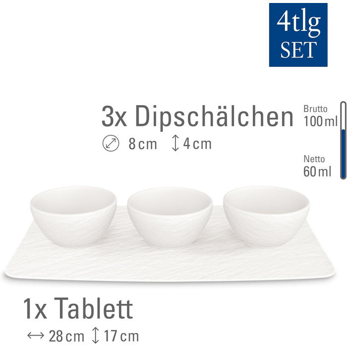 Набір соусників Villeroy & Boch Manufacture Rock blanc, 4 шт., преміум порцеляна, білий, для соусів і закусок, можна мити в посудомийній машині