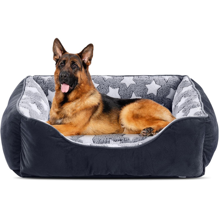 Ліжко для собак FURTIME XXL, м'яке флісове, з бортиками, чорне зі зірками, для середніх і великих собак та котів, пране, нековзке дно, 106x80x23 см