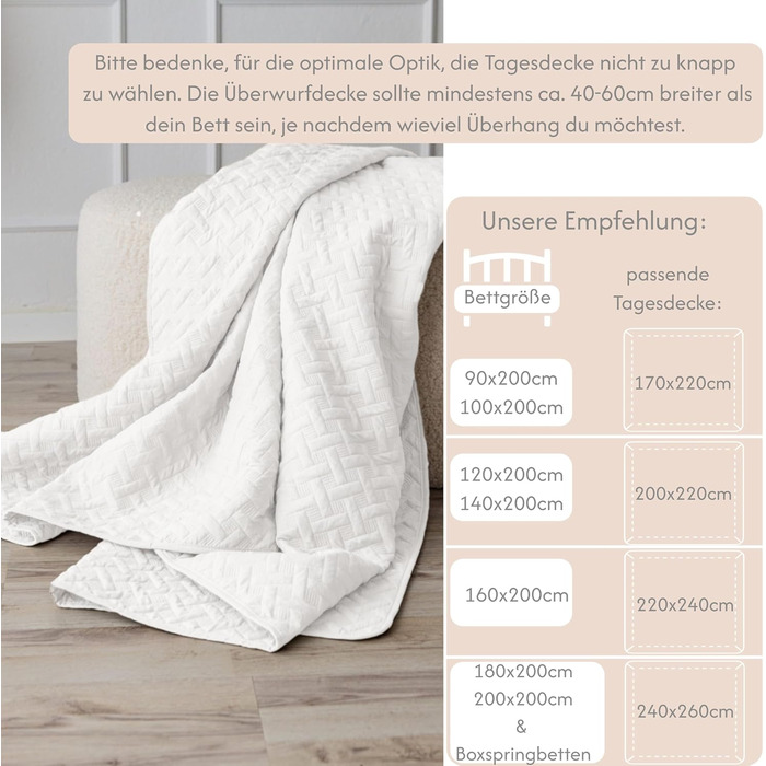 CalmyHOME Покривало стьобане 240x260 см біле для ліжка та дивана, великий розмір, універсальний текстильний плед, покривало на ліжко та диван, декоративна стьобана ковдра