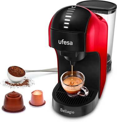 Кавоварка Ufesa Bellagio 3-в-1 для капсул Nespresso, Dolce Gusto або меленої кави, сенсорна панель, 7 режимів, резервуар 1 л, 1400 Вт, 15 бар, червона, компактна
