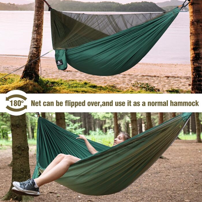 Кемпінгова гамак NatureFun з москітною сіткою, нейлон, до 300 кг, 290x140 см, дихаючий, швидковисихаючий, темно-зелений, з повним комплектом аксесуарів, легкий монтаж