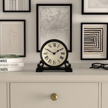 Декоративний настільний годинник JONES CLOCKS Saloon, класичний стиль, чорний, римські цифри, подвійний сувій, для письмового столу, полиці чи тумбочки