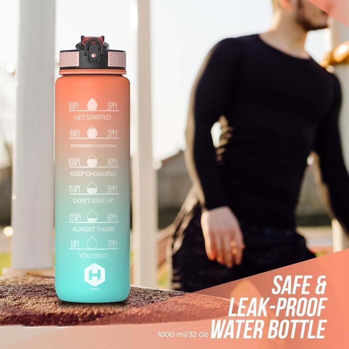 Пляшка для води 1 л BPA-free зі соломинкою та мірною шкалою, для велосипеда, спорту, школи, зручна для газованих напоїв, помаранчева та світло-зелена з помаранчевою кришкою