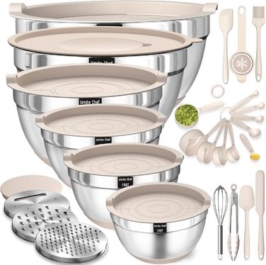 Набір мисок Umite Chef з кришками, 26 предметів, з нержавіючої сталі, з 3 терками, нековзке дно, об'єми 7/4/2,5/2/1,5/1 л, для змішування, колір хакі