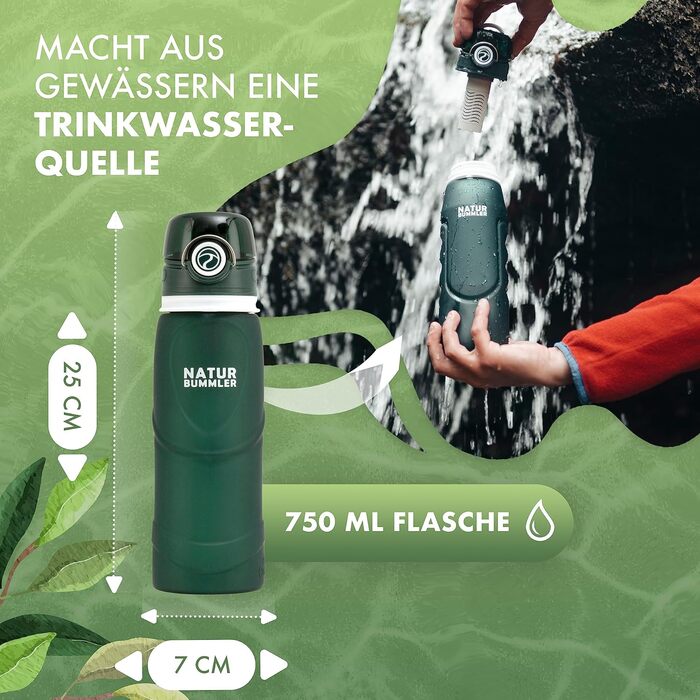 Пляшка-фільтр для води Naturbummler 750 мл, складна, з гачком, нейтральна до CO2, знищує 99,99% бактерій – для кемпінгу, виживання